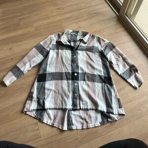 Soft Surroundings Carreaux Plaid Linen/Rayon Button Up Top  Zip Back